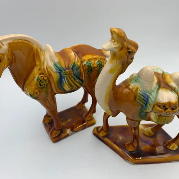 1980's Vintage Chinese Sancai Glaze Porcelain Tang Camel and Horse Figures - Picture 2 of 6